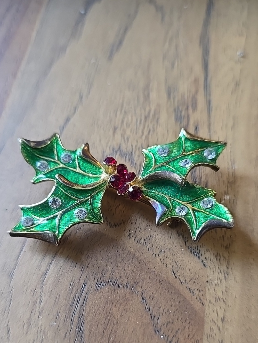 Green Holly Leaf Brooch with Red Crystal Berries